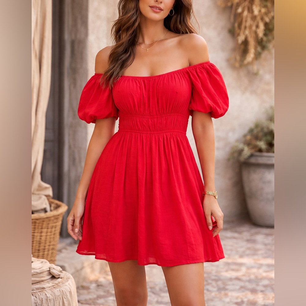 Le Lis Red Off-Shoulder Puff Sleeve Mini Dress